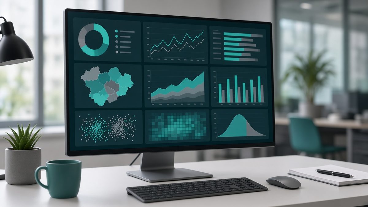 Abstract population health and quality analytics dashboard on a workstation