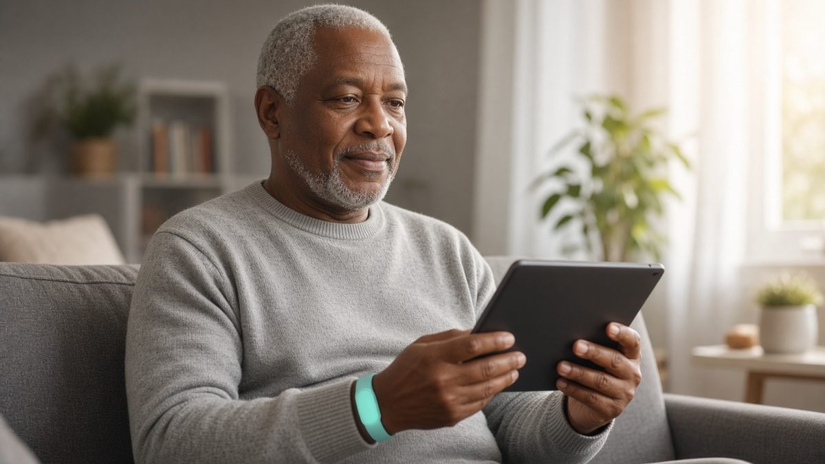 Patient at home using telehealth tablet with wearable monitor